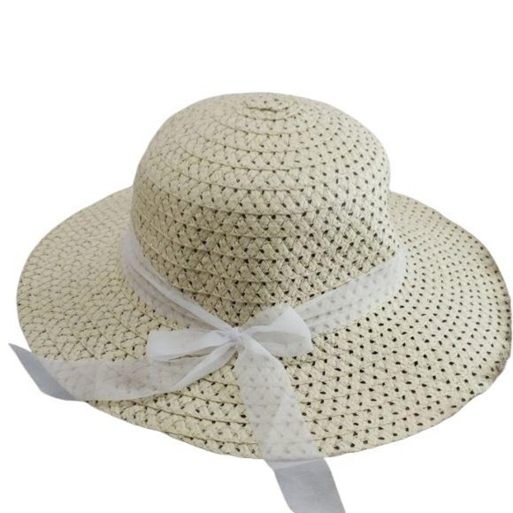 Women’s Straw Sun Beach Hat White Ribbon Floppy Spring Summer - Picture 2 of 5